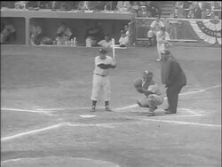 B/W 1955 NY Yankee Yogi Berra at bat waiting for pitch / World Series / Yankee Stadium Stock Footage
