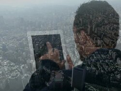 Composite image of man using tablet device and city Stock Footage
