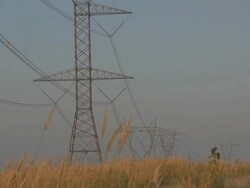 Power lines with grass blowing and blue sky. Stock Footage