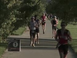 WS triathletes running / Chicago, Illinois, USA Stock Footage