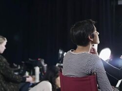 MS PAN Female fashion models backstage at fashion show Stock Footage