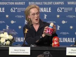 INTERVIEW: Meryl Streep on receiving a Russian doll with her replica at Iron Lady Press Conference: 62nd International Berlin Film Festival 2012 at the Grand Hyatt on February 14, 2012 in Berlin, Germany. (Footage by WireImage Video/Getty Images)  Stock Footage