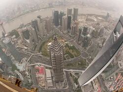 High View of Lujiazui Shot from Shanghai Tower (Fisheye) Stock Footage