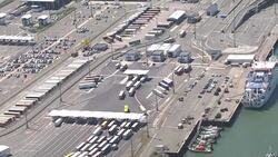 Aerials of a freight traffic jam in Calais News Clip