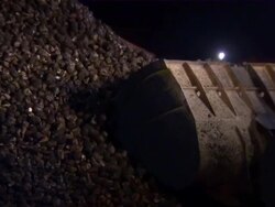 Bulldozer picks up another batch of sugar beets and starts moving them. Stock Footage