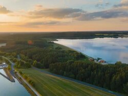 Aerial flight over ship lock on the Main Danube canal, RL pan Stock Footage