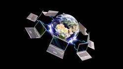 Blue strands of light fire like connections between a globe and laptop computers. Stock Footage