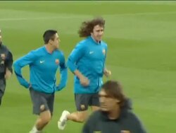 Barcelona train at Camp Nou, Puyol out injured Stock Footage