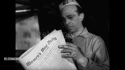 1947: WOMEN'S WEAR DAILY: MS Publication building traffic FG. INT MS Printing press machine workers. MS Reading trade newspaper. INT WS Editorial office. MS Man typing. MS Editorial staff at table. MS Woman fashion reporter on old telephone. NYC Instructional Video