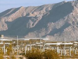 PAN across computer controlled mirrors that reflect sunlight onto solar receiver boiler at top of power tower at solar thermal plant  / Ivanpah Dry Lake, California, USA Stock Footage