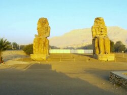WS View of Colossi of Mnemnon on West bank of Nile / Luxor, Egypt Stock Footage