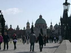 MS People walking on charles bridge / Prague, Hlavni mesto Praha, Czech Republic Stock Footage