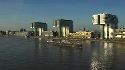 Crane Houses at Rheinau Harbour, Cologne, North Rhine-Westphalia, Germany Stock Footage