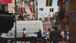Rainbow Flag Gay Rights Pride in Chueca district, Madrid Stock Footage