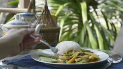 Woman eating Fried chicken with curry souce and vegetables on rice Stock Footage