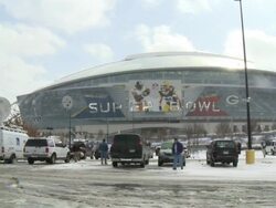 WS View of snowy parking lot at Super Bowl XLV with Cowboys Stadium / Arlington, Texas, United States Stock Footage