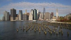 Skyscrapers of Manhattan from the Brooklyn Heights neighborhood, East river, New York, United States of America Stock Footage