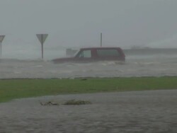 WS View of SUV shoved backwards in storm surge from Hurricane Gustav / Gulfport, Mississippi, United States Stock Footage