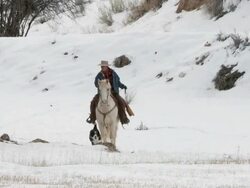 PAN Cowgirl on horse walking in snow with dog / Shell, Wyoming, United States Stock Footage