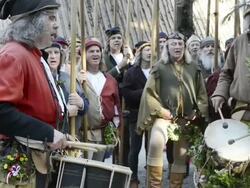 MS Shot of Musicians in Camp life at Medieval party showing marriage of 1475 with medieval clothing AUDIO / Landshut, Bavaria, Germany Stock Footage