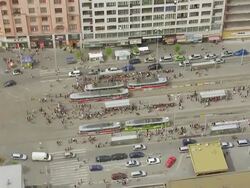WS AERIAL View of tram and traffic moving on street / Brno, Brno City District, Czech Republic Stock Footage