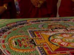 MS TU Three monks standing beside finished mandala sand painting  AUDIO / Kathmandu, Central Region, Nepal  Stock Footage