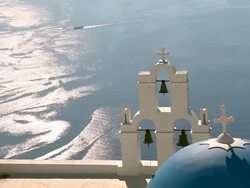 MS ZO Shot of church in Firostefani with Ocean / Santorini, Cyclades, Greece Stock Footage