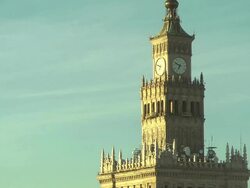 CU Tower of Palace of Culture and Science / Palac Kultury i Nauki in the evening  Stock Footage