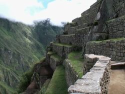 WS Stone terraces dropping into steep Urubamba Valley / Machu Picchu, Peru  Stock Footage