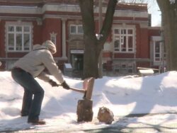 MS Young man chopping piece of wood in half and tosses in winter day/ TORONTO, ONTARIO, Canada  Stock Footage