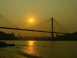 Wide Shot Morning Tsing Ma Bridge Hong Kong Kwangtung China Stock Footage