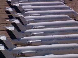 Aerial LA CU TS at aeroplane graveyard / Mojave Desert, California, United States.   Stock Footage