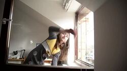 Girl cleaning window Stock Footage