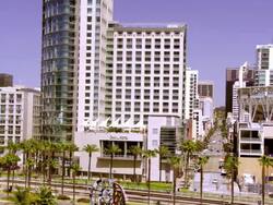 WS PAN across Promenade Park and Gaslamp Quarter to Petco Park baseball stadium  / San Diego, California, USA Stock Footage
