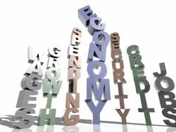 MS PAN Shot of tower of stacked letters spelling out 'ECONOMY' tumbles and demolishes six adjacent towers that had spelt out words 'SPENDING,' 'GROWTH,' 'WAGES,' 'SECURITY,' 'CREDIT' and 'JOBS' Stock Footage