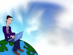 Cartoon Executive typing with laptop on the world Stock Footage