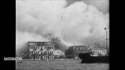 MOT 1922: THE GREAT FIRE OF SMYRNA REFUGEES: WS Black smoke rising from fire in city of Smyrna (modern day Izmir). VS Groups of Greek refugees migrating, Turkish soldiers riding on horseback, Greek refugees on street w/ female crying. Instructional Video