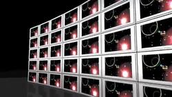 An arrangement of televisions broadcast images of satellites. Stock Footage