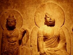 MS PAN Shot of Head of ancient Budha statue / Xian, Shaanxi, China Stock Footage