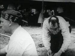B/W 1932 two WWI veterans eating outdoors / Bonus March in Washington DC Stock Footage
