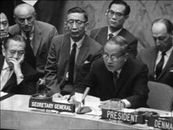 B/W 1967 Secretary General U Thant speaking at U.N. Security Council meeting during Six Day War Stock Footage