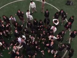 MS ZI ZO AERIAL Shot of students waving hands toward / Seoul, South Korea Stock Footage