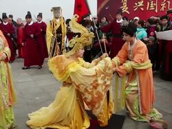 MS Shot of people dressed in traditional costumes offer sacrifice to heaven when Winter Solstice Festival / Xian, China Stock Footage