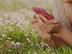 DS Woman typing a sms in the grass Stock Footage