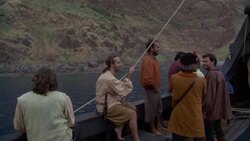 Christopher Columbus' crew looks ashore as they approach land. Stock Footage