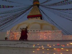 WS TS Three friends wandering around Boudhanath / Kathmandu, Central, Nepal Stock Footage