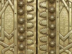 CU TU Shot of detailed brass work seen on external doors of Royal Palace / Fez, Fes-Boulemane, Morocco Stock Footage
