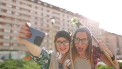 Hipster girlfriends funny selfie Stock Footage