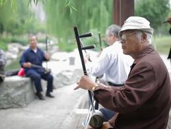 MS Old man playing chinese traditional musical instruments(Erhu and the Banhu) in park /Xi'an, Shaanxi, China Stock Footage
