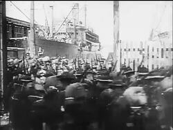 B/W 1917 rows of soldiers marching towards large ship / WW I / documentary Stock Footage